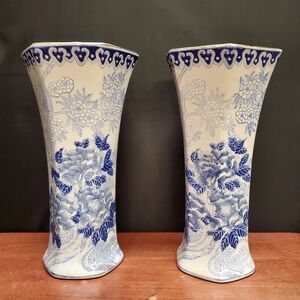 Andrea by Sadek Blue White Chinoiserie Porcelain Floral Vases 10" Tall